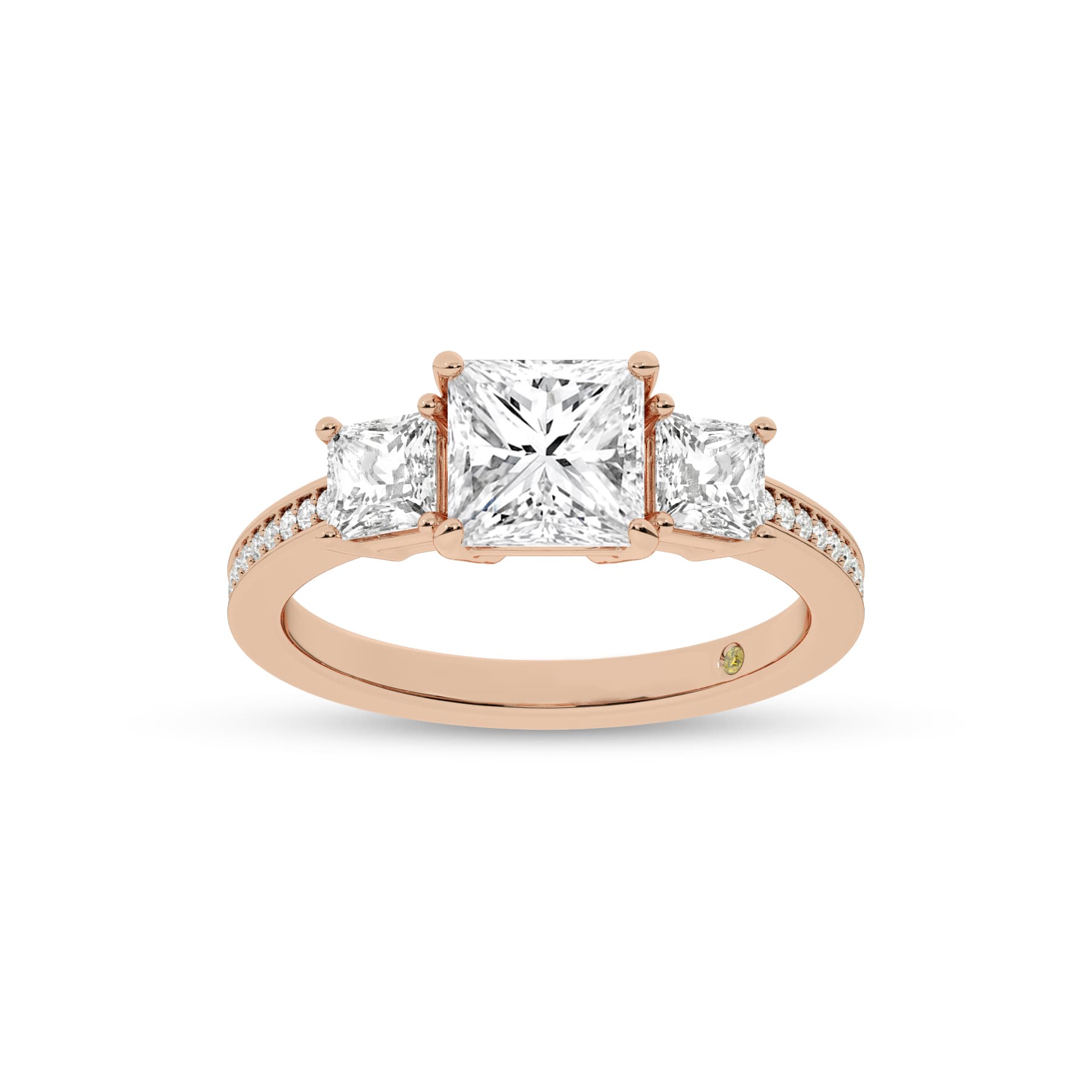 Pisa Pavé Set Princess Cut Three Stone Lab Diamond Engagement Ring | 10K Rose Gold 5 1/4 CT. TW.