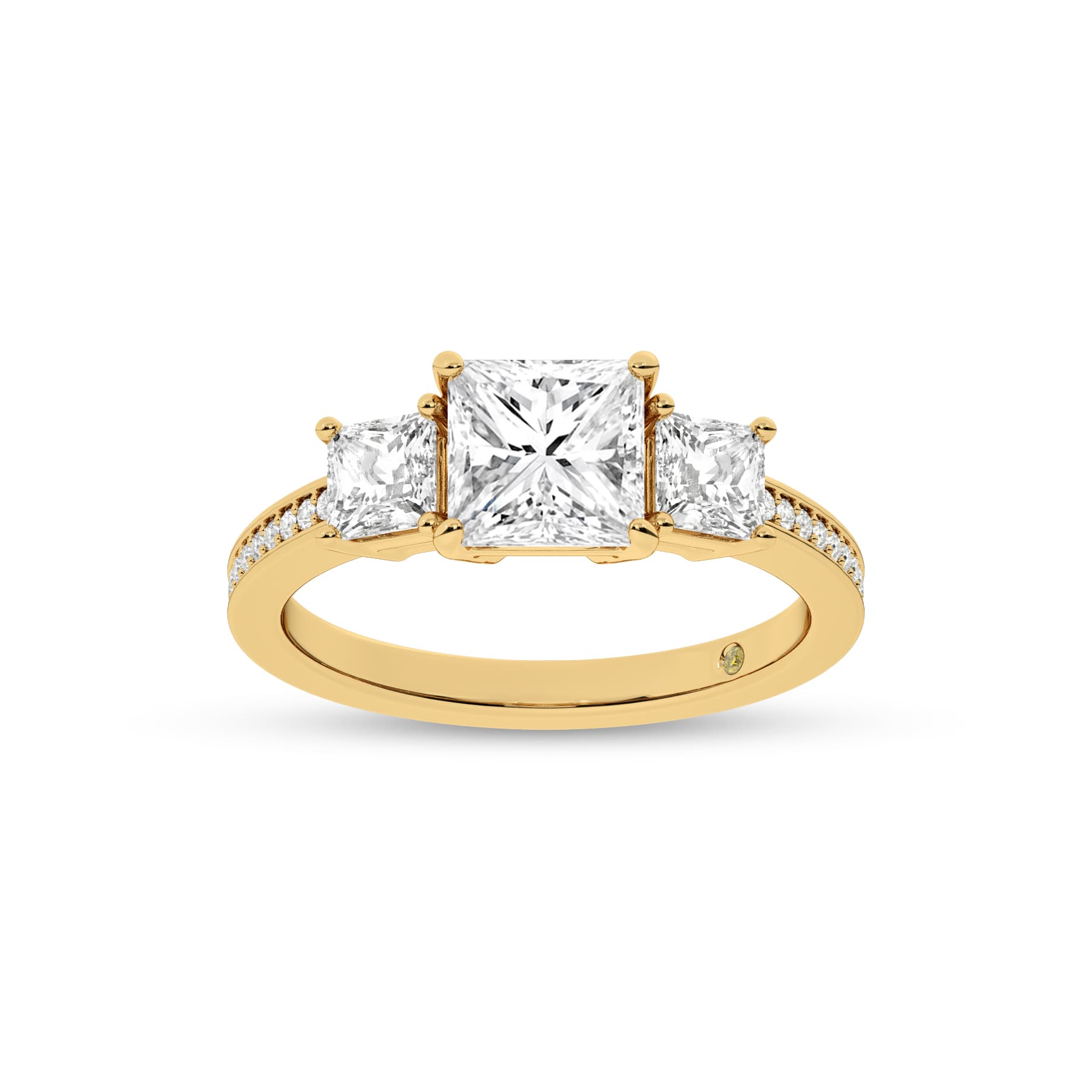Pisa Pavé Set Princess Cut Three Stone Lab Diamond Engagement Ring | 14K Yellow Gold 5 1/4 CT. TW.