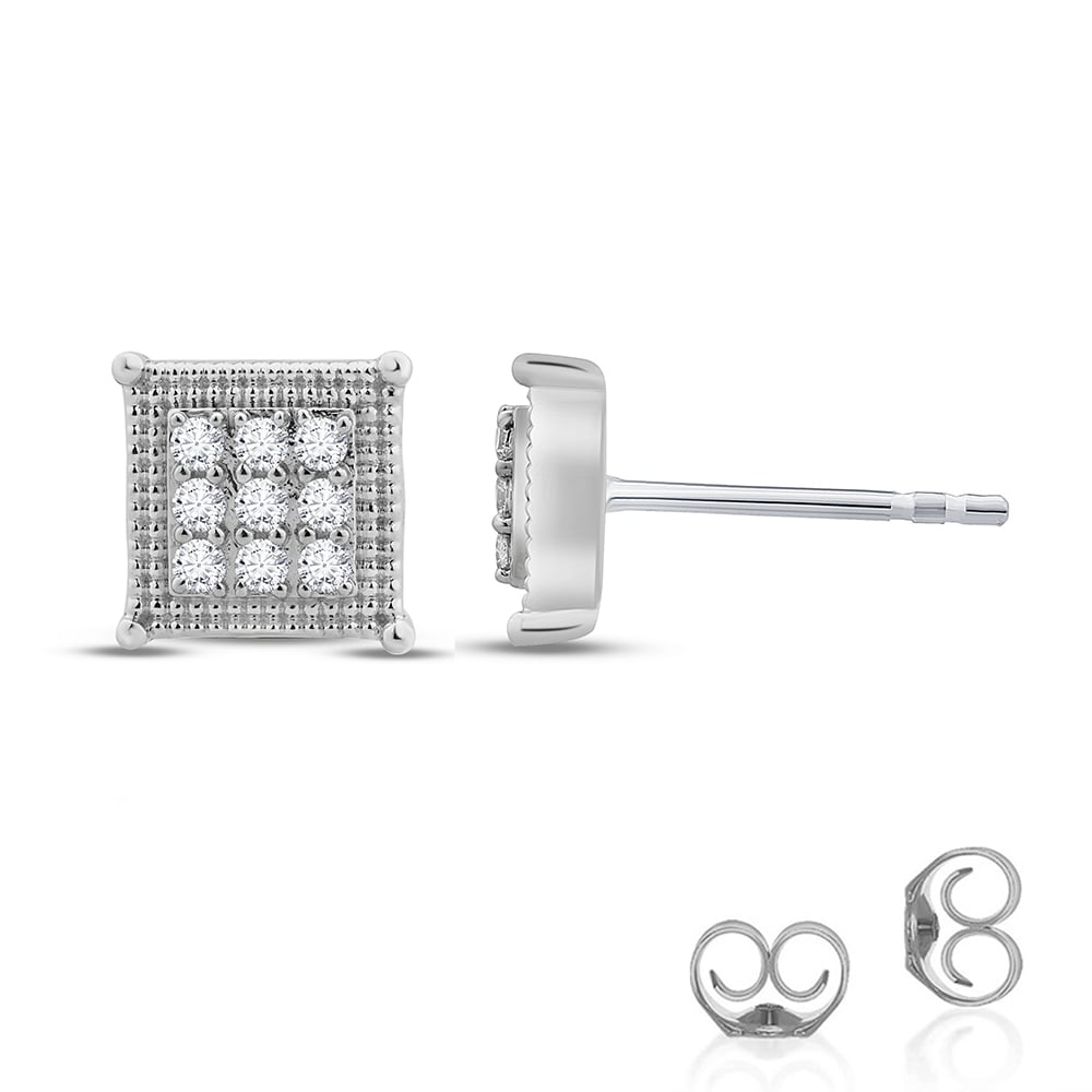 Sterling Silver Lab Grown Square Shaped Milgrain Diamond Stud Earrings