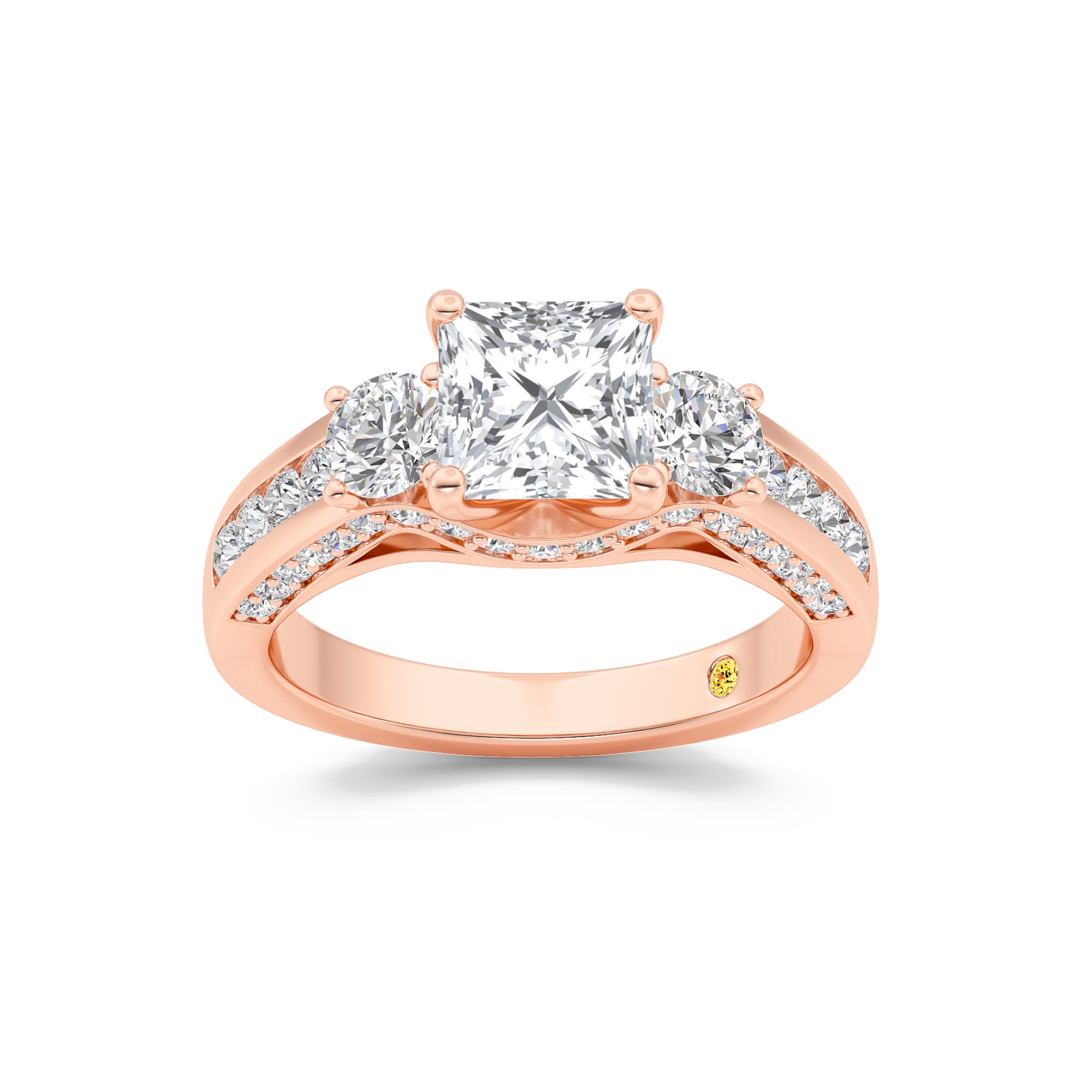 Aarhus Pavé Set Hidden Accent Three Stone Princess Cut Lab Grown Cathedral Diamond Engagement Ring