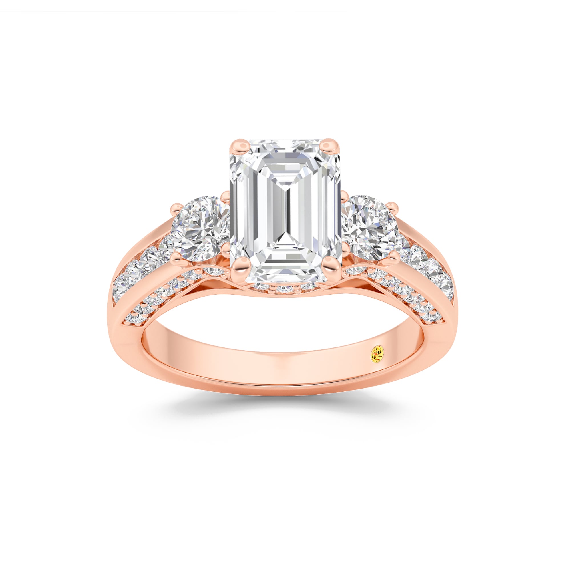 Aarhus Pavé Set Hidden Accent Three Stone Emerald Cut Lab Grown Cathedral Diamond Engagement Ring