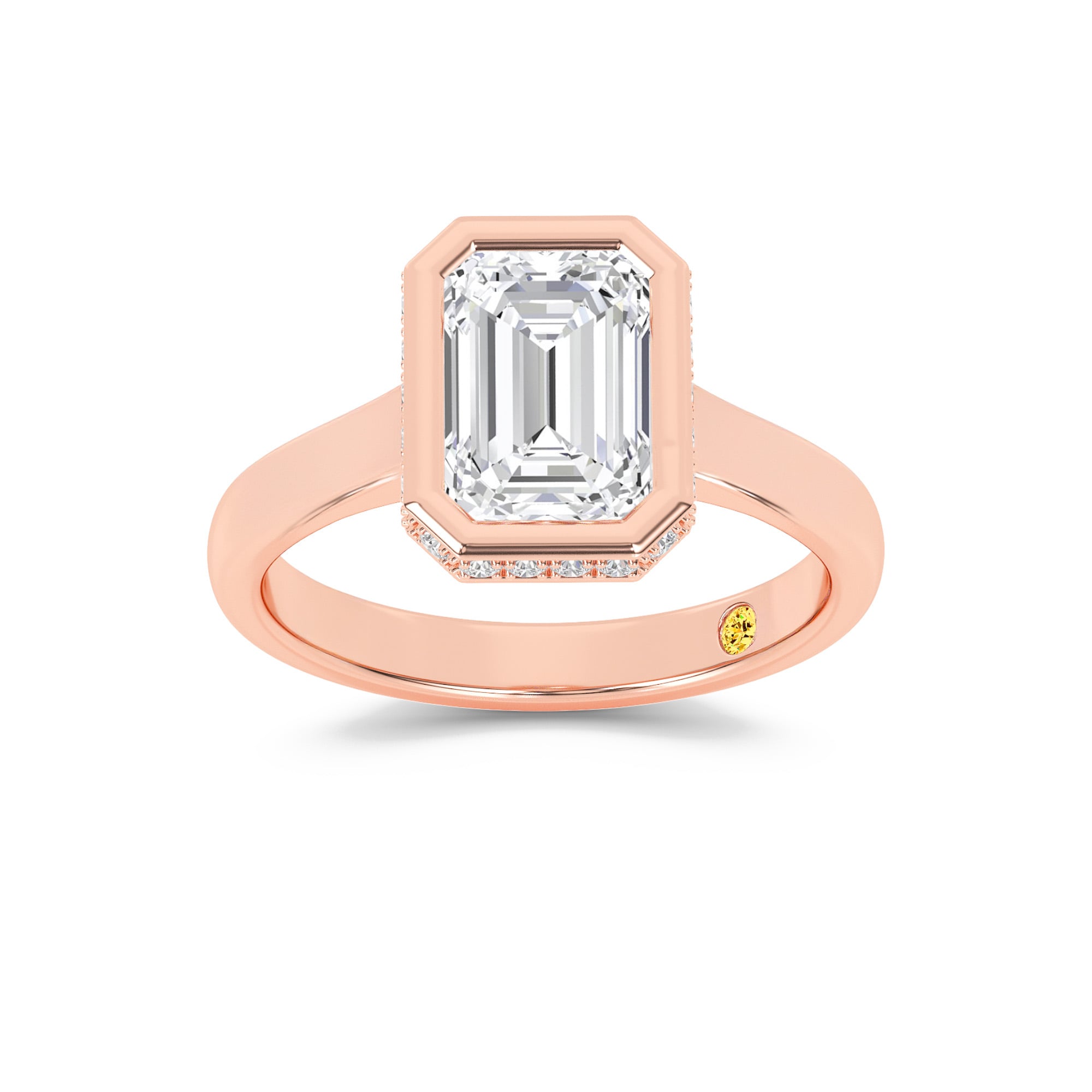 Secret Kiss Bezel Set Hidden Halo Emerald Cut Lab Grown Diamond Engagement Ring