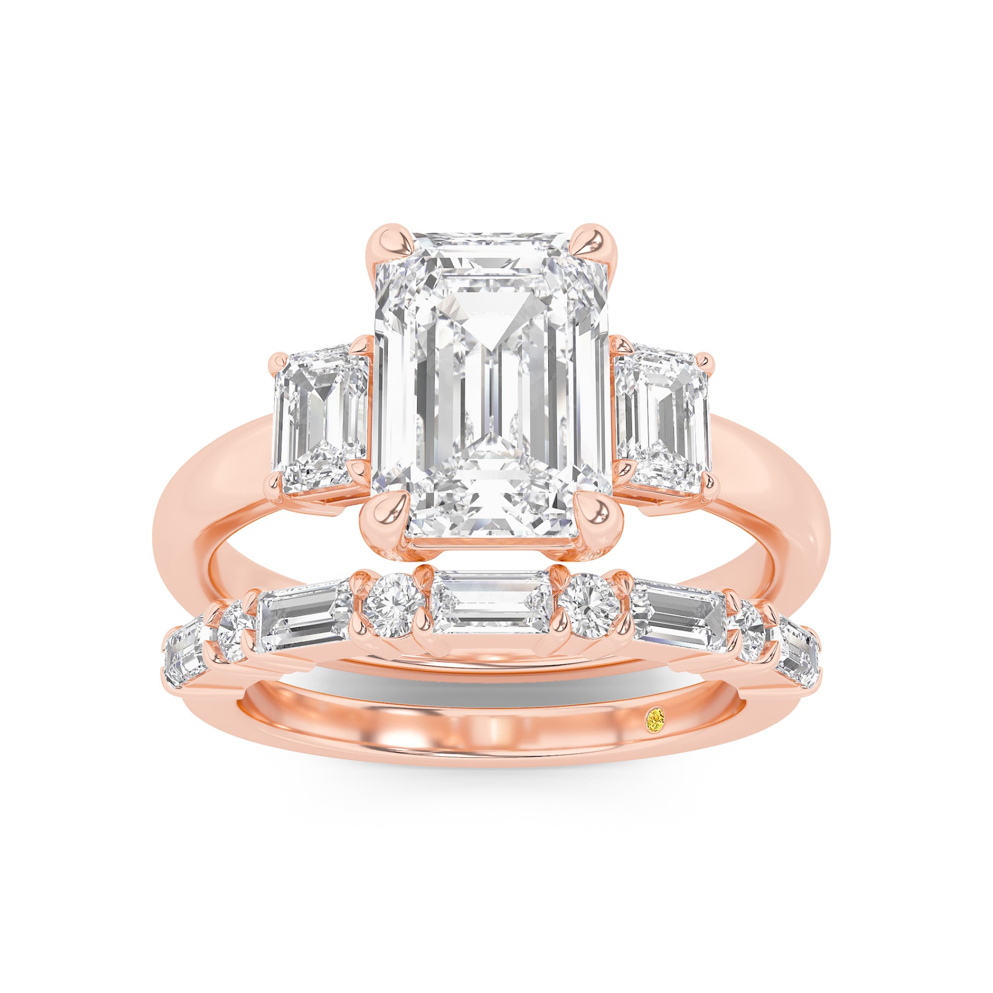 Moonbeam Lab Grown Emerald Cut Diamond Engagement Ring with the Cleo Wedding Band