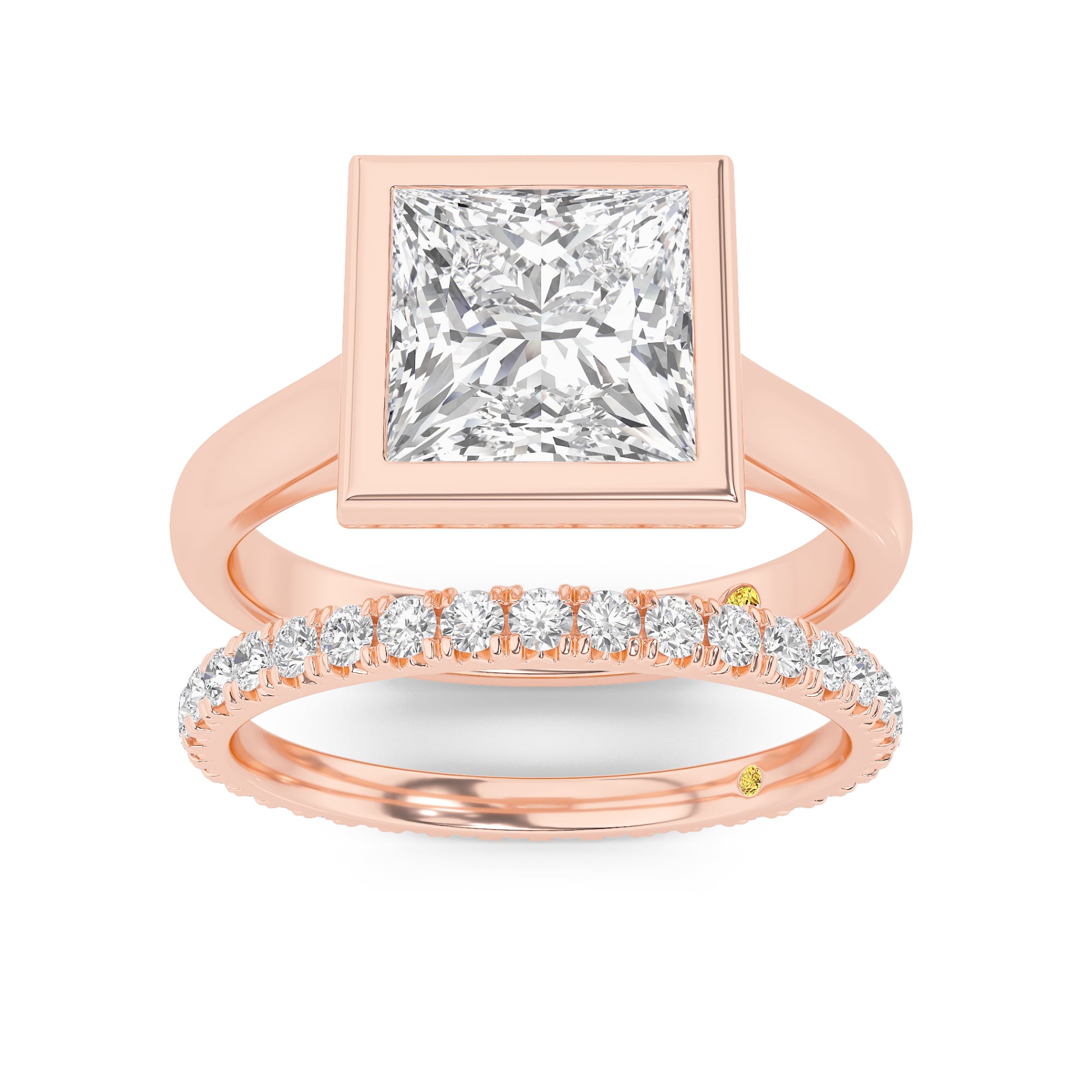 Secret Kiss Lab Grown Princess Cut Diamond Engagement Ring with the Envoi Wedding Band
