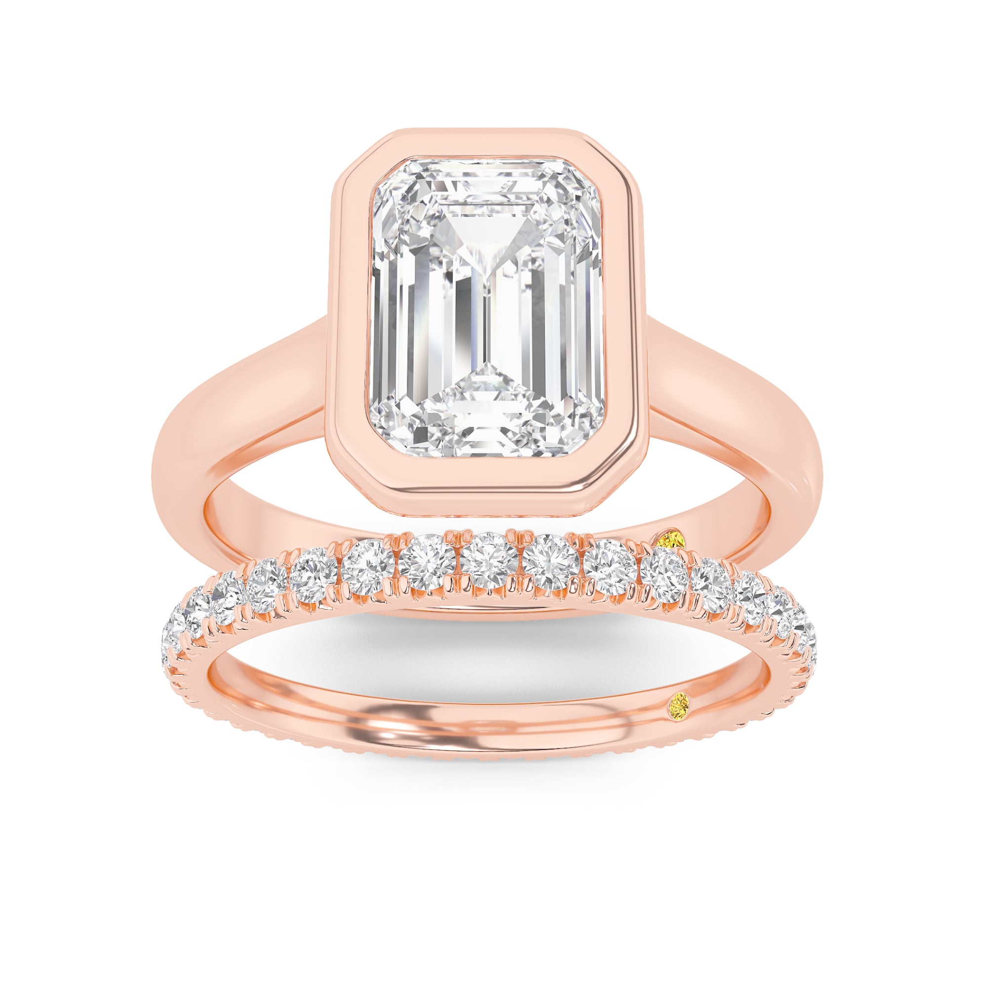 Secret Kiss Lab Grown Emerald Cut Diamond Engagement Ring with the Envoi Wedding Band
