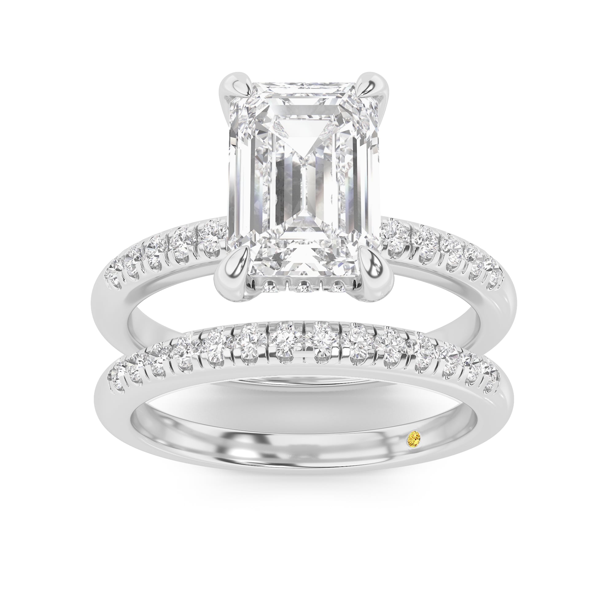 Aurelia Lab Grown Emerald Cut Diamond Engagement Ring with the BonBon Quarter Coverage Wedding Band