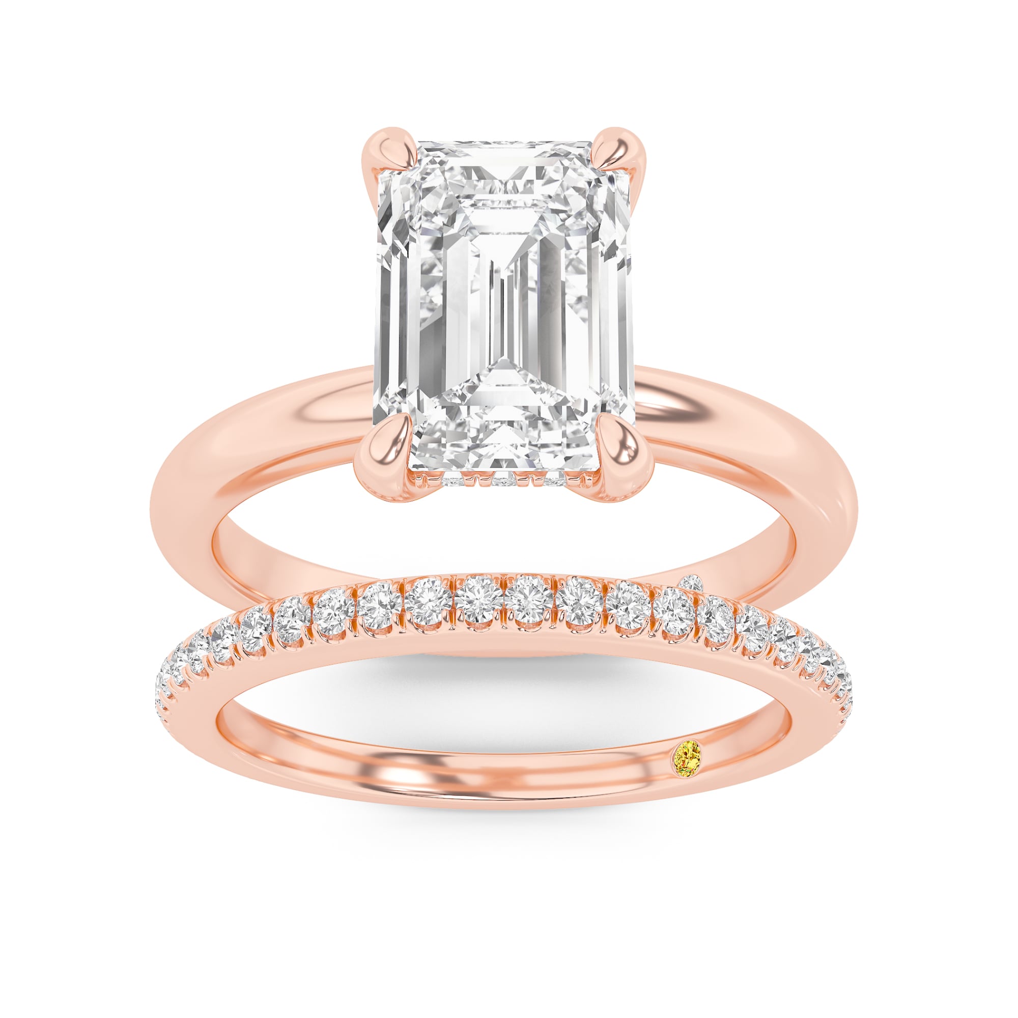 Fez Lab Grown Emerald Cut Diamond Engagement Ring with the BonBon Wedding Band